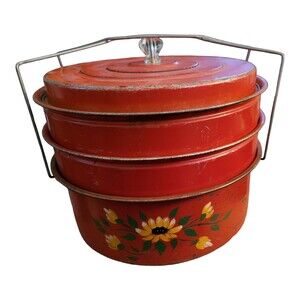 Vintage 1940's Handpainted Miners Stacking Lunch Box Tiffin Storage Canister